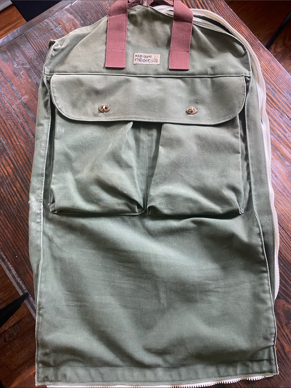 Vintage Lands End Deluxe Square Rigger Olive Canvas Garment Bag Heavy Duty